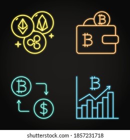 Neon cryptowährung Symbol im Strichstil gesetzt. Altmünzen, Bitcoin-Portemonnaie, Tausch gegen Dollar, Bitcoin-Marktsymbole. Vektorgrafik.