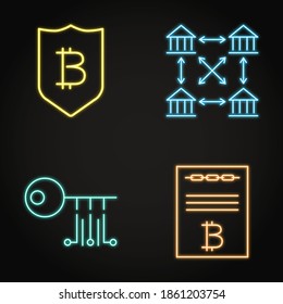 Neon cryptocurrency icon set in line style. Bitcoin security, distributed ledger, digital key and smart contract symbols. Vector illustration.
