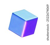 Neon cube isolated on transparent background. 3d holographic primutive shape