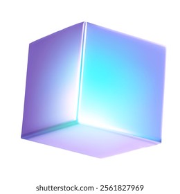 Neon cube isolated on white background. 3d holographic primitive shape. 