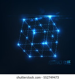 Neon cube in perspective with lens flare and glowing particles . Randomly located flashes of light . Abstract connection . Futuristic vector illustration . Science or technology concept 