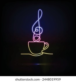 Neon cup of coffee with music notes. Coffee and Music concept. Line art. Continuous line drawing. Neon. One Line Art. Food and beverage concept. vector illustration. Creative design with coffee cup.
