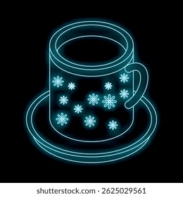 Neon cup of hot beverage with snowflakes on dark background