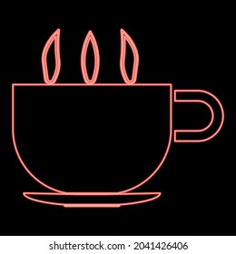 Neon cup with hot tea or coffe red color vector illustration flat style image