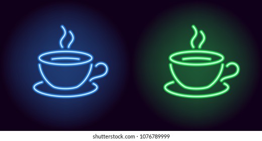 Neon cup and saucer in blue and green color. Vector illustration of Cup of tea or Cup of coffee consisting of neon outlines, with backlight on the dark background