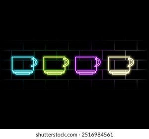 Neon cup and saucer in blue and green color. Vector illustration of Cup of tea or Cup of coffee consisting of neon outlines, with backlight on the dark background.