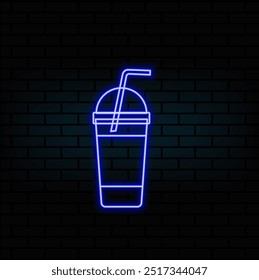Neon cup and saucer in blue and green color. Vector illustration of Cup of tea or Cup of coffee consisting of neon outlines, with backlight on the dark background.