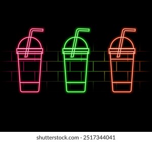 Neon cup and saucer. Glowing neon coffee cup icon. Neon Sign. Line art. Isolated on a black background. Vector illustration. Cup of tea. Cup of coffee. Neon outlines. Light effect hot beverage..