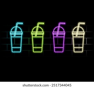 Neon cup and saucer. Glowing neon coffee cup icon. Neon Sign. Line art. Isolated on brick wall. background. Vector illustration. Cup of tea. Cup of coffee. Neon outlines. Light effect hot beverage.