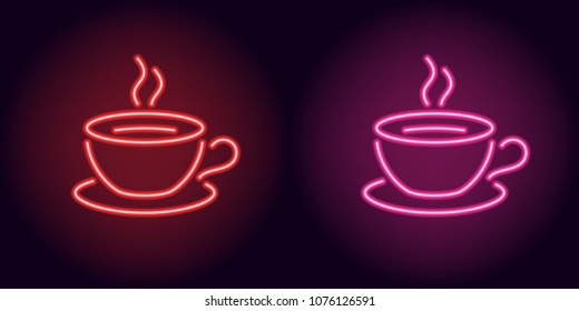 Neon cup and saucer in red and pink color. Vector illustration of Cup of tea or Cup of coffee consisting of neon outlines, with backlight on the dark background