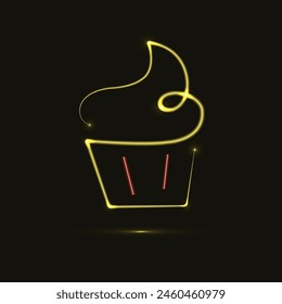 Neon cupcake. Sweet card. Dessert sweet shop. Neon bright sign. Light banner. Dessert food sign. Line art. Cake with cream symbol. Cupcake outline. Vector illustration. Logo confectionary. Bakery. 