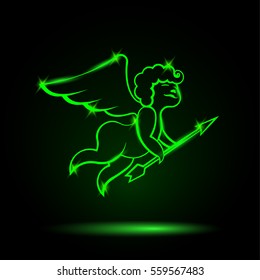 Neon Cupid with an arrow. Vector Amor illustration for a card on Valentine's Day.