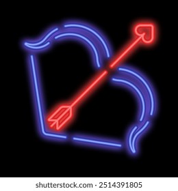 Neon Amor Bogen mit gestrecktem Titel und einem Pfeil mit herzförmiger Pfeilspitze. Valentinstag, 14. Februar. Leuchtendes Neonsymbol einzeln auf schwarzem Hintergrund