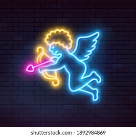 Neon Cupid on dark background. Vector illustration