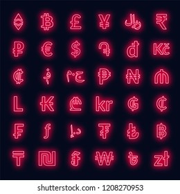 Neon currency signs. dollar, euro, pound sterling,yen, yuan, bitcoin, etherium, ruble and others.
