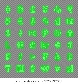 Neon currency signs. dollar, euro, pound sterling,yen, yuan, bitcoin, etherium, ruble and others.