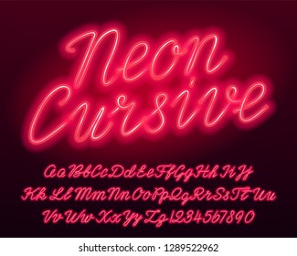 Neon Cursive Alphabet Font. Red Color Lowercase And Uppercase Bright Letters And Numbers. Stock Vector Typescript For Your Typography Design.