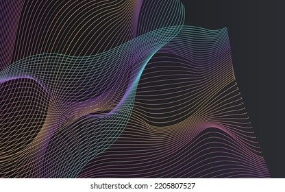 Fondo negro del vector de resumen de la curva de neón. Ilustración geométrica de la línea de degradado. Fondo de efecto de flujo. Textura de movimiento de banda digital.