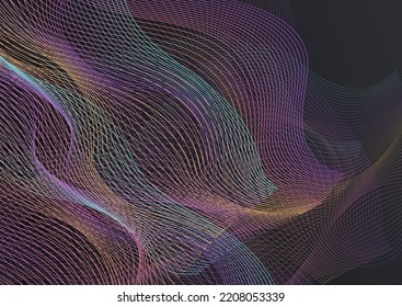 Neon Curve Modern Vector Black Background. Gradient Stripe Energy Pattern. Wave Graphic Backdrop. Digital Line Smoke Illustration.