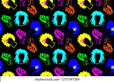 Neon cute afro black people silhouettes seamless pattern  protest art anti racism modern wallpaper  set hair styles   fists dark background  black lives matter movement  vector illustration
