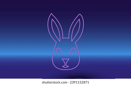 Neon cute hare head symbol on a gradient blue background. The isolated symbol is located in the bottom center. Gradient blue with light blue skyline