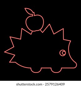 Neon cute hedgehog with apple red color vector illustration image flat style