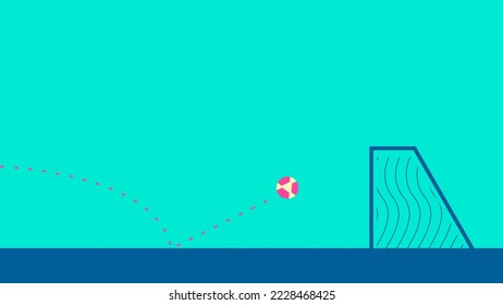 Neon Cyan Polycolor Background of Pink Soccer Ball toward to Goal, Flat Style