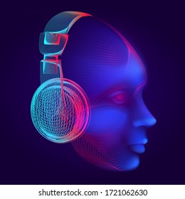 Neon cyber dj or robot head with outline electronic headphones wireframe. Artificial intelligence vector illustration with abstract human face in technology line art style on dark blue background