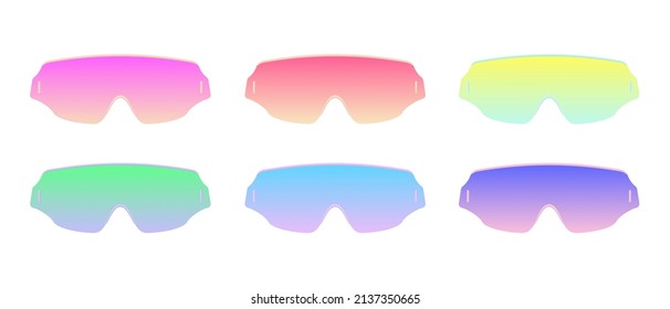 Neon cyber glasses with gradient set. Cyberpunk purple sunglasses with trendy gold frame synthwave digital style elegant trendy vector optics