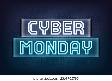 Neon Cyber Monday banner design. Outline white blue neon text Cyber Monday on translucent signboard. Text title template for animation, digital ad and social media banners. Vector illustration