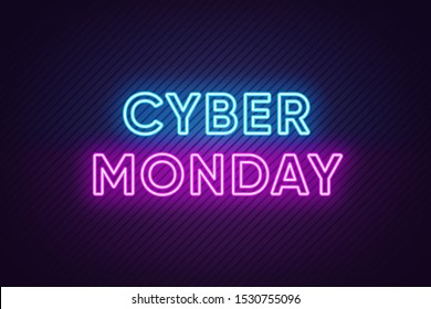 Neon Cyber Monday Banner. Text and Title of Cyber Monday with Neon lights on the dark Background with Lined texture. Billboard, Poster and Cover design. Blue and Purple colors. Vector illustration