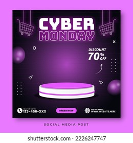 Neon cyber monday with podium product display social media banner