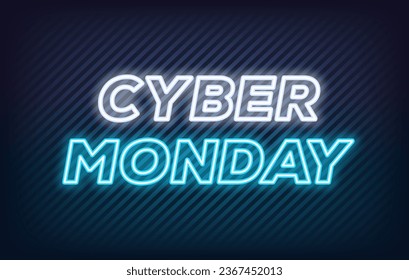 Neon Cyber Monday Sale, banner design. Outline neon italic text Cyber Monday on textured background. White blue text template for animation, digital ad, social media banners. Vector illustration