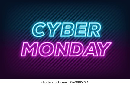 Neon Cyber Monday Sale, diseño de banners. Esbozar texto en cursiva sobre el neón Cyber Monday sobre el fondo texturizado. Plantilla de texto morado azul para animación, anuncio digital, banners de medios sociales. Ilustración del vector