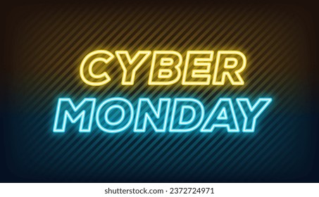 Neon Cyber Monday Sale, banner design. Outline neon italic text Cyber Monday on textured background. Yellow blue text template for animation, digital ad, social media banners. Vector illustration