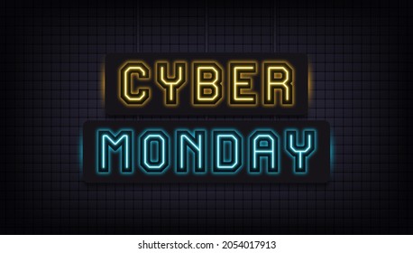 Neon Cyber Monday sale, yellow and blue light. Glowing neon text of Cyber Monday for social media post and online advertising. Promo banner, headline, background and title. Vector illustration
