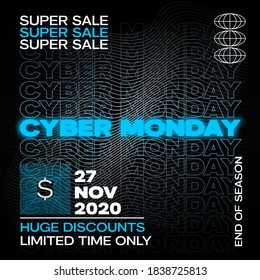 Neon Cyber Monday Typography Banner, Poster or Flayer Template. Creative Wave Grid Background Concept. Abstract Fluorescent Decorative Elements. Sale Promotion or Advertising Luminous Layout.