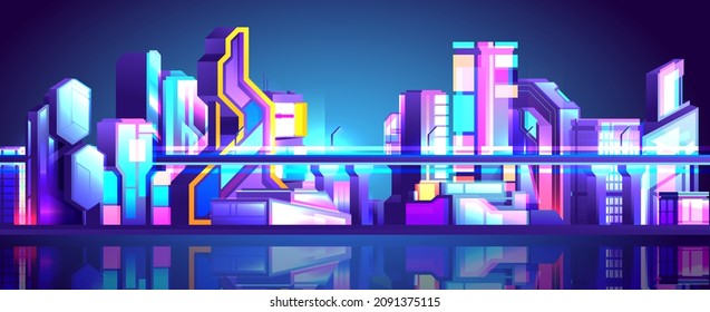 Neon cyberpunk city of the future. Night shining skyscrapers buildings view.