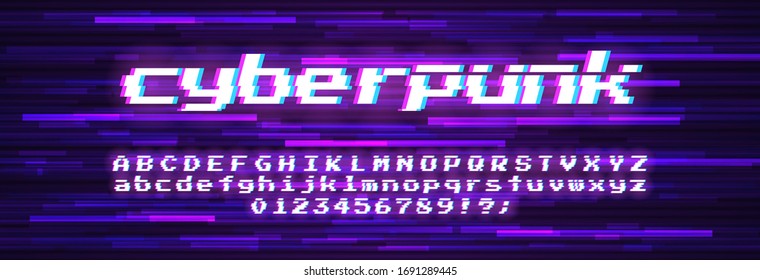 Neon Cyberpunk Font. Art Glitch Text Effect. Vector Alphabet Of Uppercase And Lowercase Letters For Your Text In The Style Of 80s Or 90s. Set Of Isolated Letters For Error Message. Hacker Attack Conce