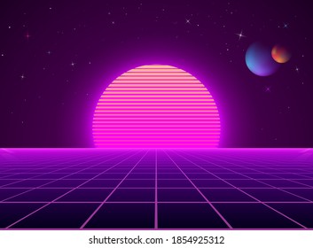 Neon cyberpunk futuristic landscape. Sci-fi background abstract digital planet. Vector illustration