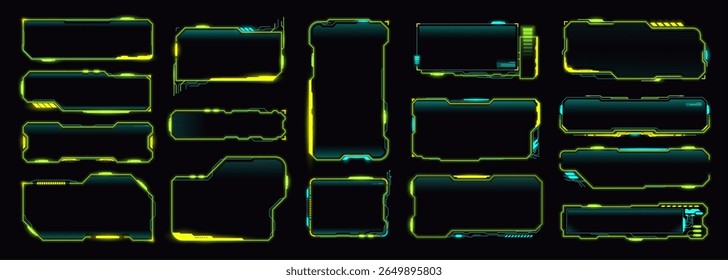 Neon cyberpunk game HUD interface, vector UI elements. Future cyber tech frames, digital text boxes and screens. Sci Fi game modern dashboard panel frame borders with neon cyberpunk pattern