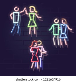 Neon dance pairs. Night blues night street sign. Illuminated pairs on brick wall background. Geometric style illustration.