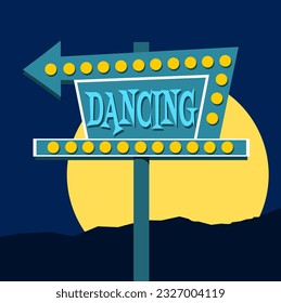Neon dancing sign at night with large bright moon