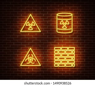 Neon dangerous signs vector isolated on brick wall. Radiation, atom, hazard light symbol, radiactive decoration effect. Neon dangerous illustration.