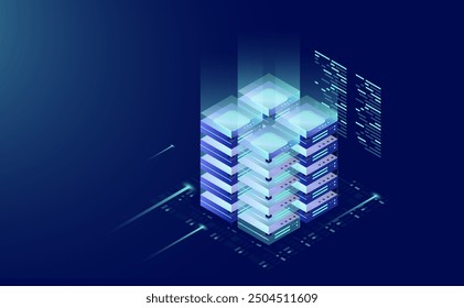 Neon Dark Gradient Concept: Isometric Data Center, Server Room, and Big Data Processing Icon for Digital Information Technology