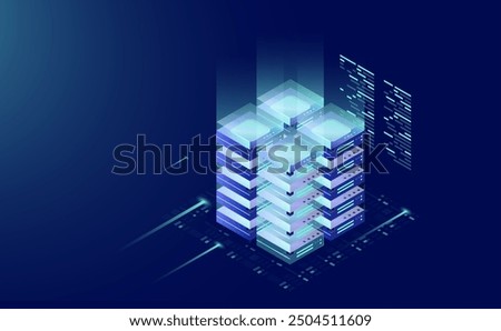 Neon Dark Gradient Concept: Isometric Data Center, Server Room, and Big Data Processing Icon for Digital Information Technology