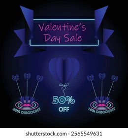 Neon Valentine’s Day Sale Banner Set with neon text, 15% off, 20% off, 50% off, harts, targets, arrows and sale simbols with stylish navy blue elements for Digital and Retail Marketing