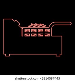 Neon deep fryer with mesh basket handle and french frie kitchen appliance for fast food concept roast product in hot oil Air fryer red color vector illustration image flat style light