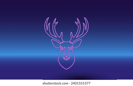 Neon deer head symbol on a gradient blue background. The isolated symbol is located in the bottom center. Gradient blue with light blue skyline