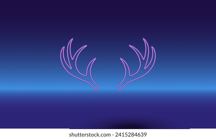 Neon deer horns symbol on a gradient blue background. The isolated symbol is located in the bottom center. Gradient blue with light blue skyline